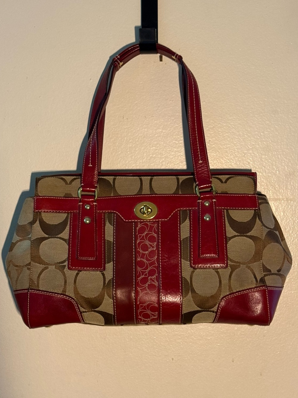 Vintage Coach 11072 Turnlock Red Leather Trim Monogram Handbag